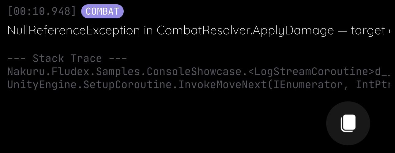 Console detail pane showing timestamp, tag chips, full message, and stack trace