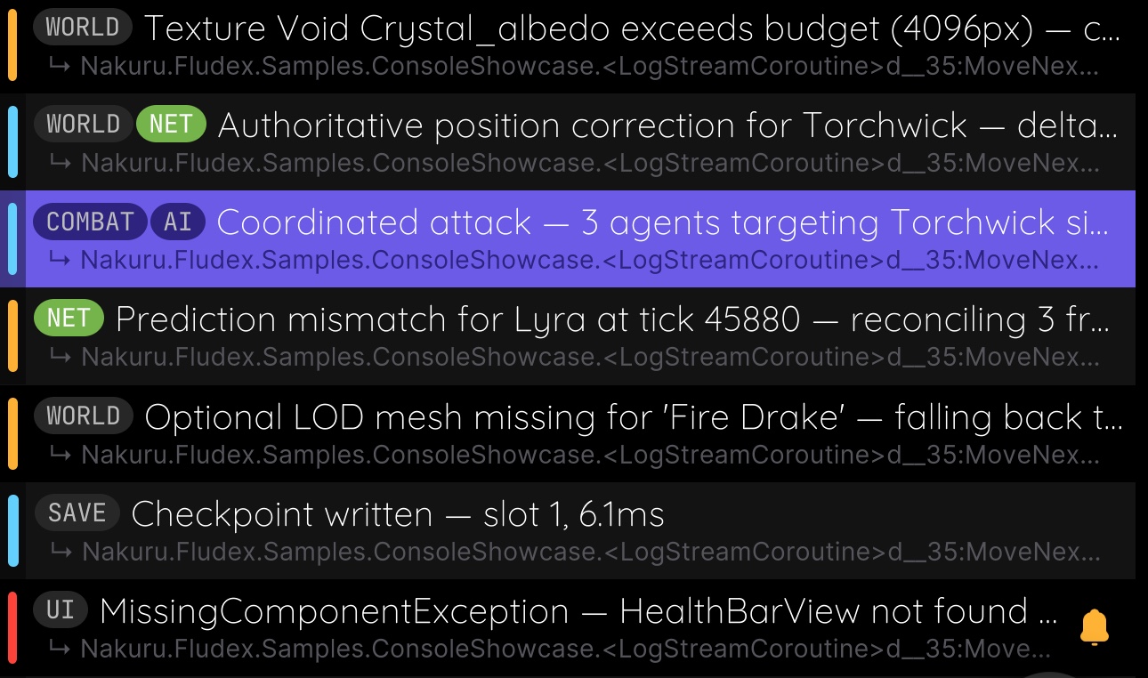 Tagged logs in the Console log list, each with a color-coded chip