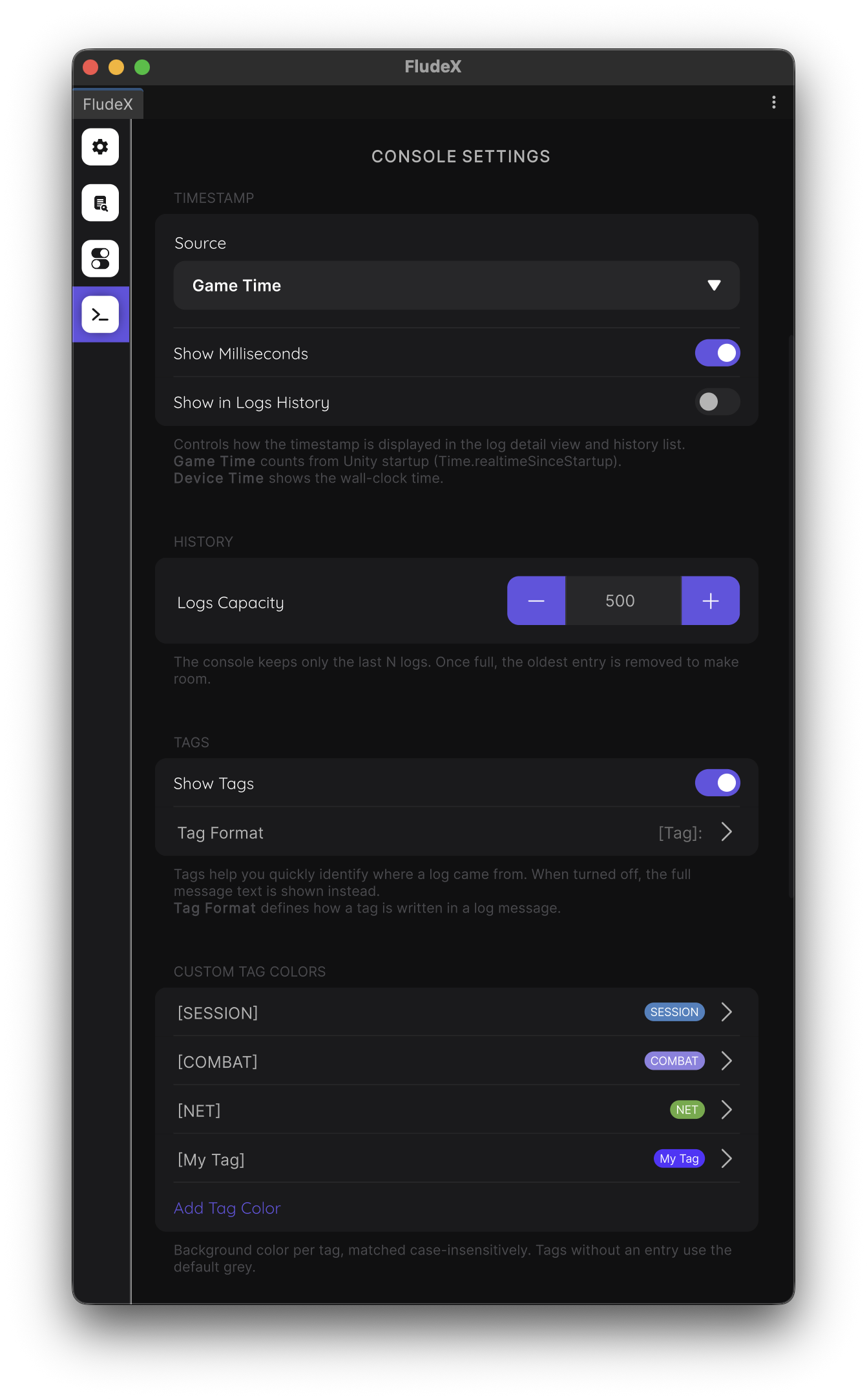 FludeX Editor Settings window with the module sidebar on the left and the selected page's settings on the right
