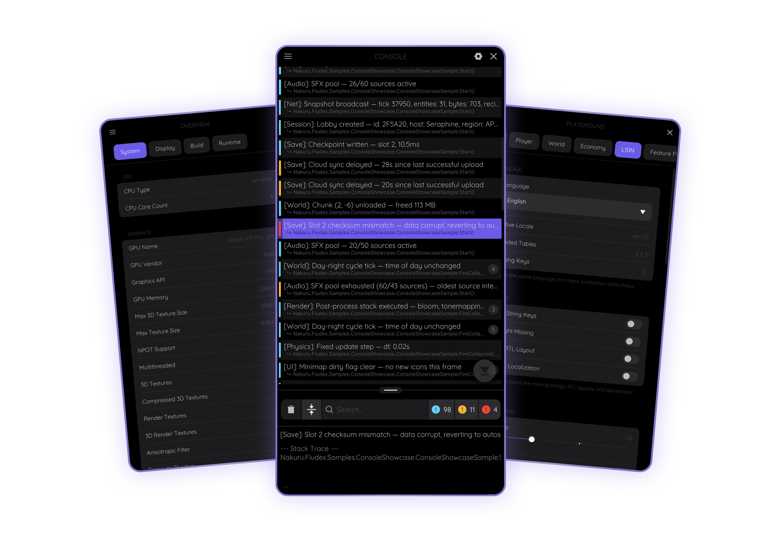 FludeX modules — Overview, Playground, and Console panels