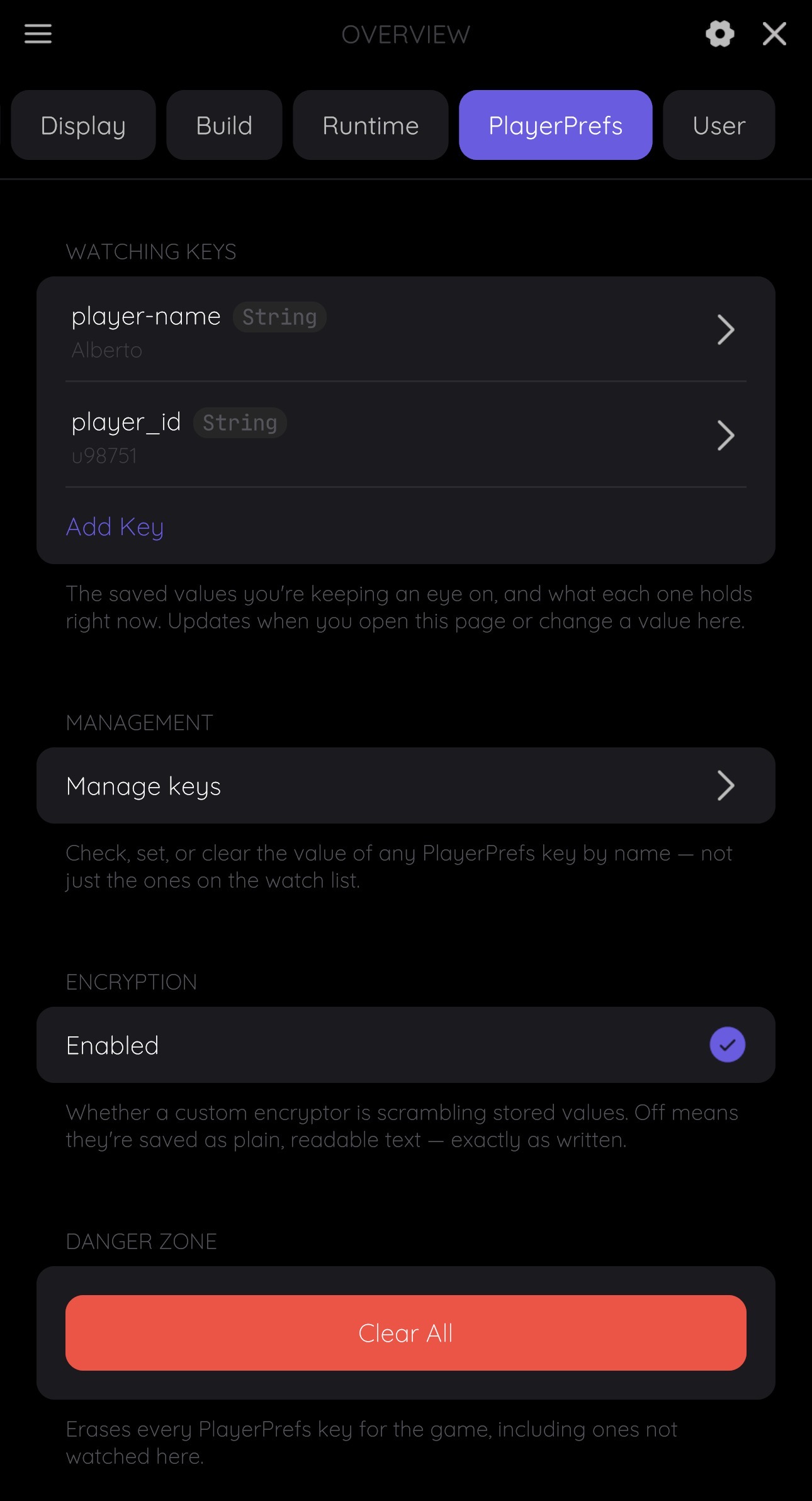 Overview module's PlayerPrefs tab, showing the WATCHING KEYS list, Manage keys, Encryption status, and Danger Zone sections